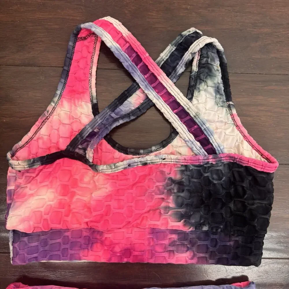 AQ-SPORT 2 Pc Matching Workout Set Sports Bra Biker Shorts Tie Dye Honeycomb M